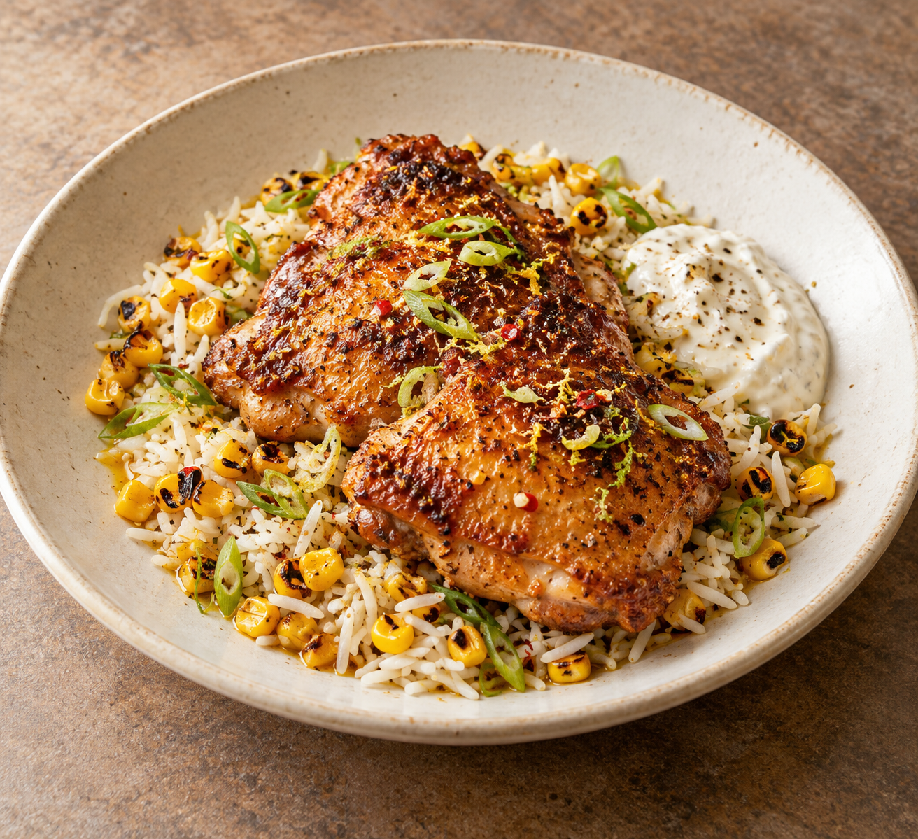 Citrus-pepper chicken with charred sweetcorn rice, chilli-citrus butter and roasted-garlic yoghurt ready to serve
