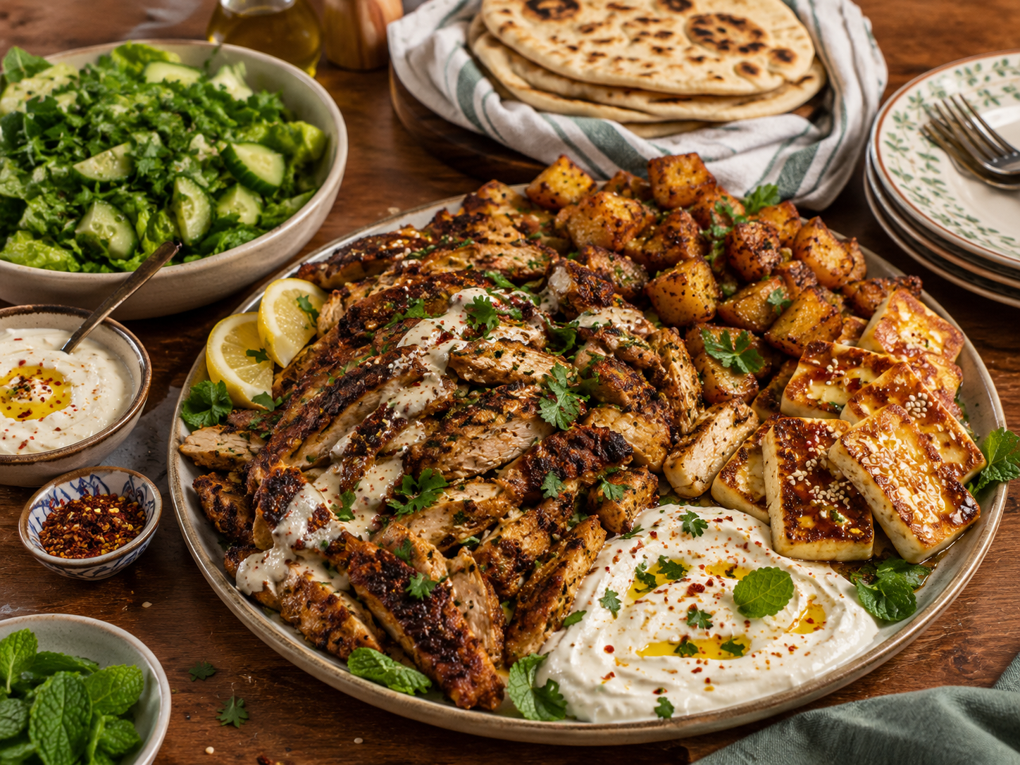 Chicken Shawarma Platter with Hot-Honey Halloumi, Crispy Shawarma Potatoes, Garlic Yoghurt, Toum-Style Sauce & Homemade Flatbreads ready to serve